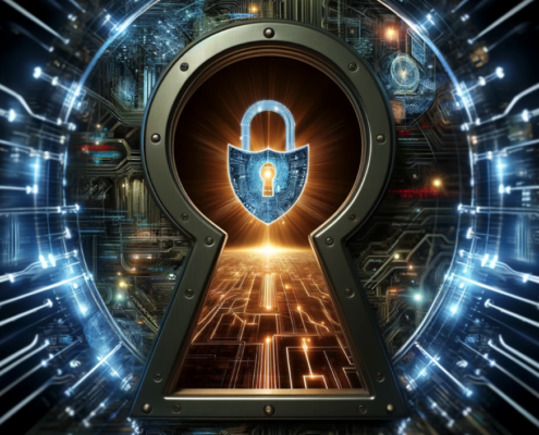 An image that gives the impression of viewing a high-tech digital environment through a cybersecurity keyhole.